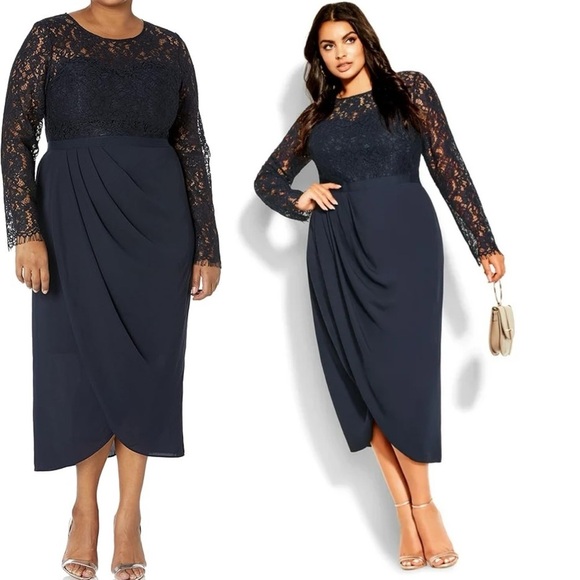 City Chic black floral lace‎ faux wrap long sleeves midi dress party size XXL 2X - Picture 1 of 8
